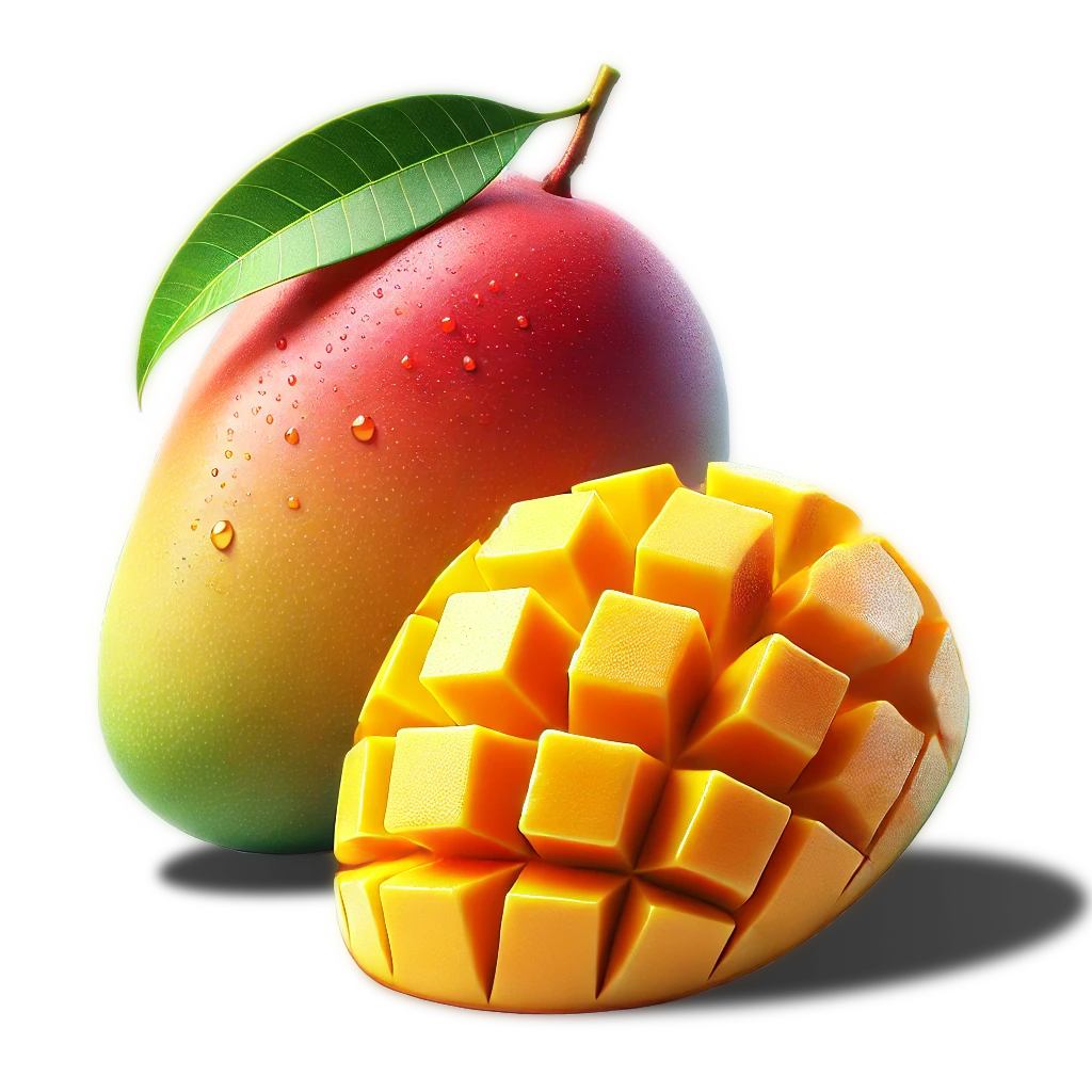 slice of mango sitting infront of a whole mango