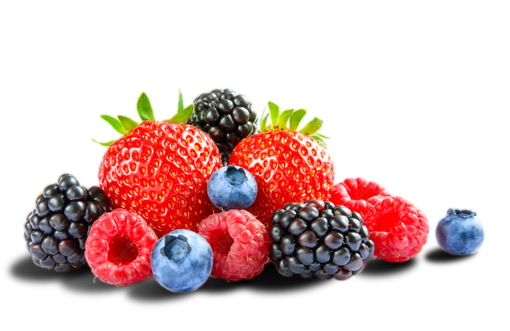 a mound of strawberries, blueberries, blackberries, and razzberries